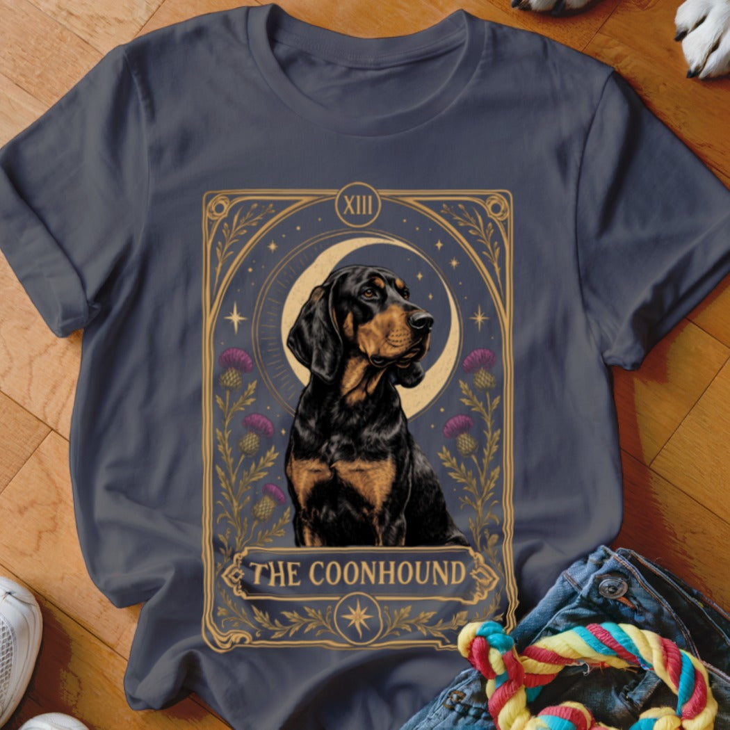 Charcoal t-shirt featuring a tarot card graphic of a black and tan coonhound with the text The Coonhound.