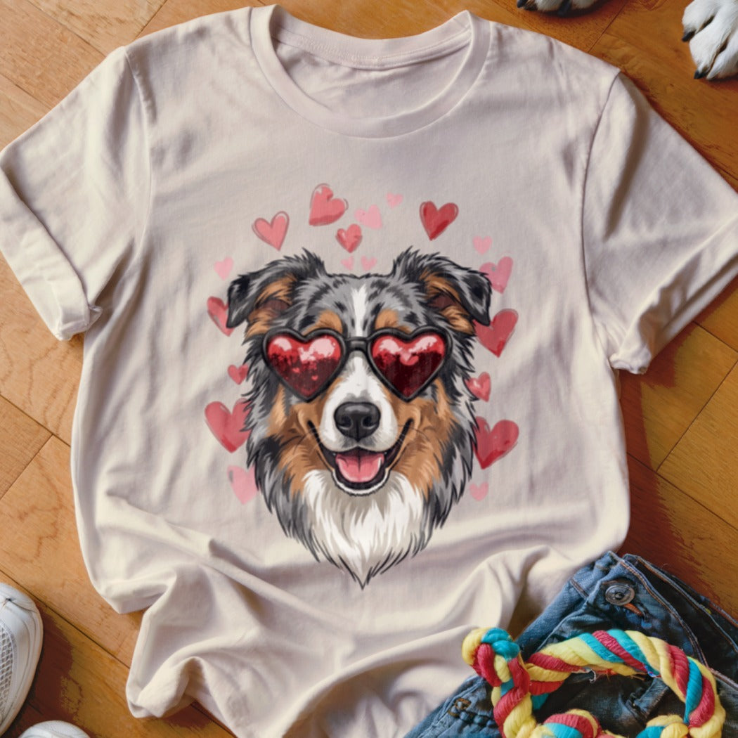 Light-colored t-shirt featuring a graphic of an Australian Shepherd wearing heart-shaped sunglasses surrounded by pink hearts.