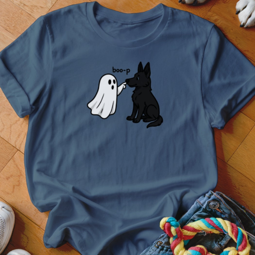 Ghost booping a black dog's nose with "boo-p" text above.
