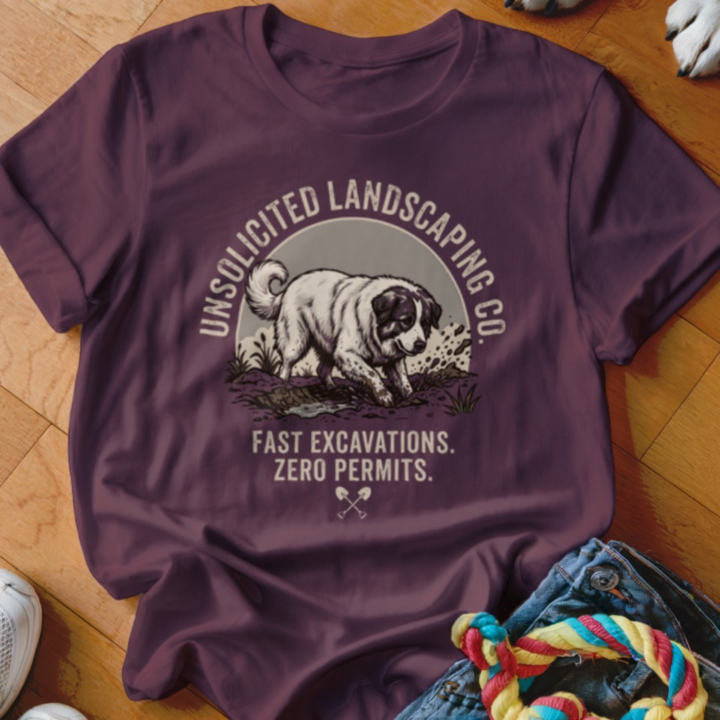 Maroon t-shirt with dog digging, "Unsolicited Landscaping Co." text.