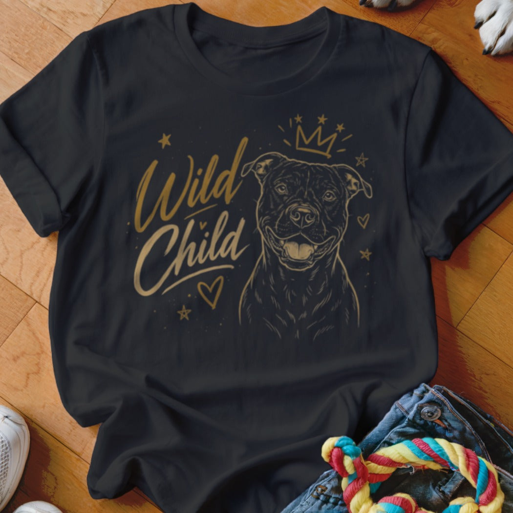 Black t-shirt with gold "Wild Child" text and a pitbull dog wearing a crown.