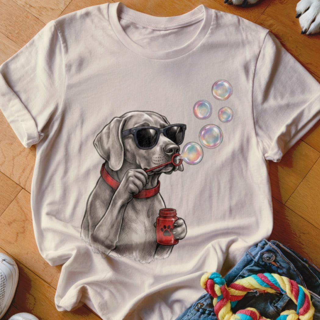 A light-colored t-shirt features a graphic of a dog wearing sunglasses and blowing soap bubbles.