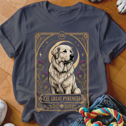 Dark grey t-shirt featuring a tarot-style graphic of a Great Pyrenees dog with thistles and the moon.