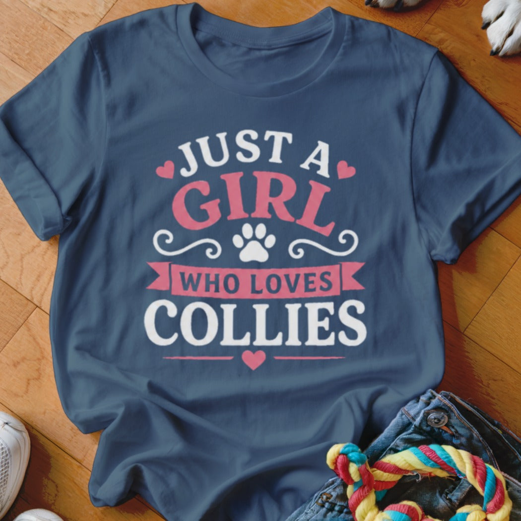 Dark blue t-shirt with "JUST A GIRL WHO LOVES COLLIES" text and paw print.