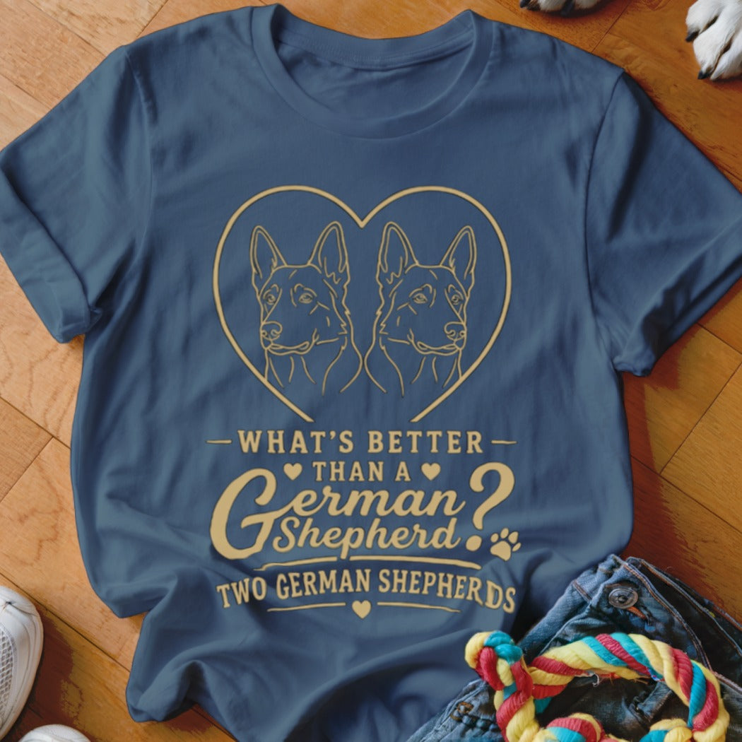 Navy t-shirt with two German Shepherd heads in a heart and text about German Shepherds.