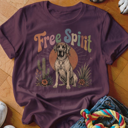 Great Dane wearing bandana and peace sign necklace, with "Free Spirit" text.