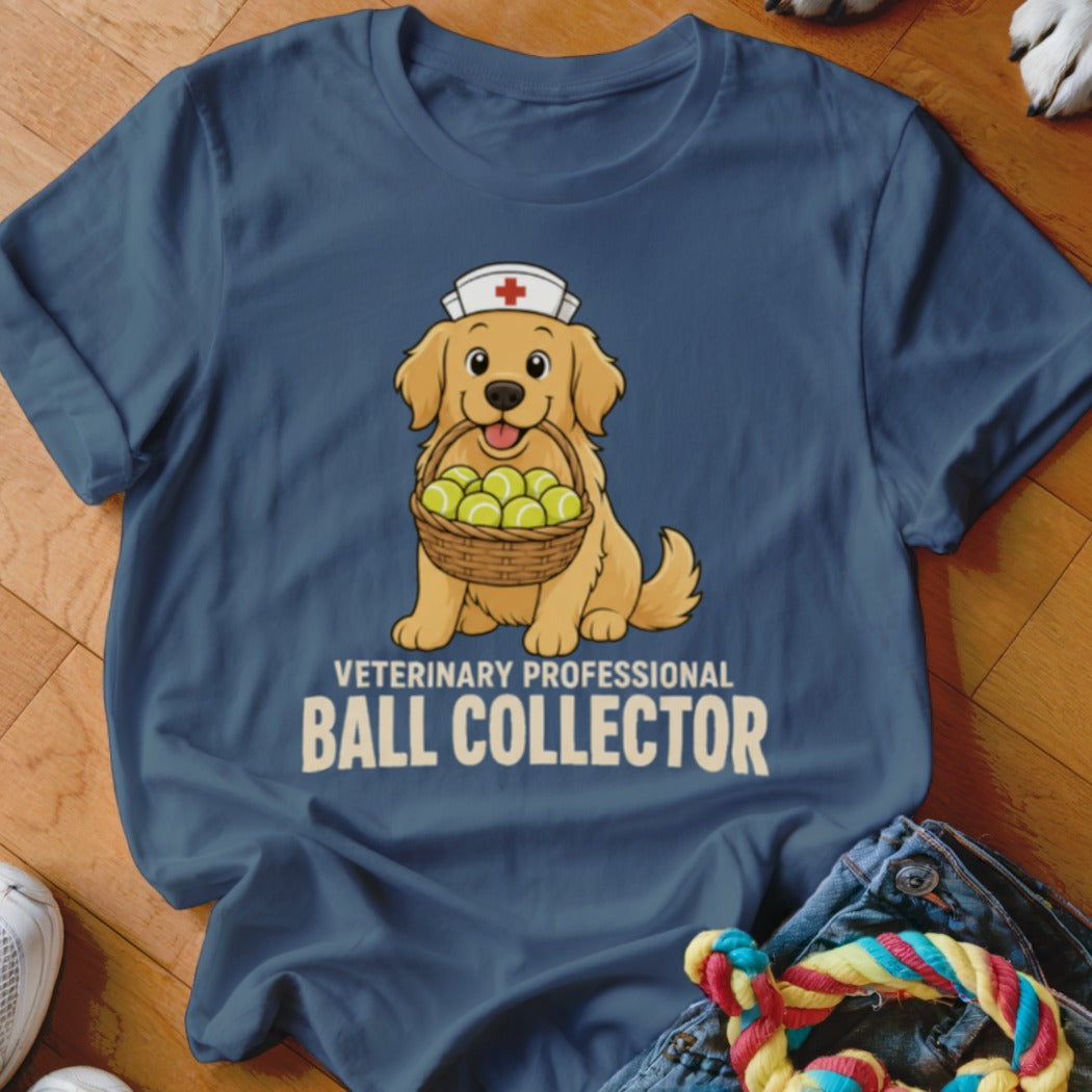 Golden retriever wearing a nurse hat, holding a basket of tennis balls, "Veterinary Professional Ball Collector" text.