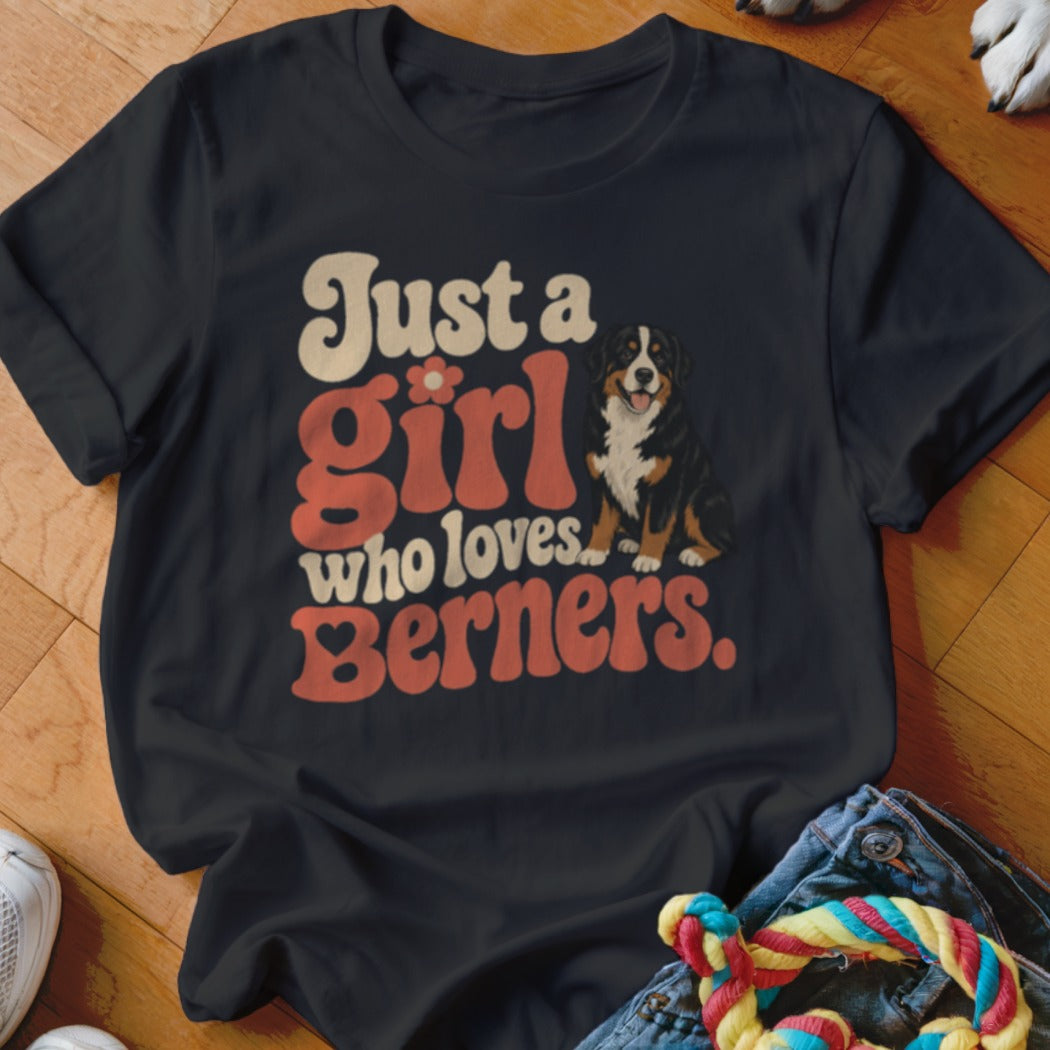 Dark t-shirt with "Just a girl who loves Berners" text and Bernese Mountain Dog graphic.