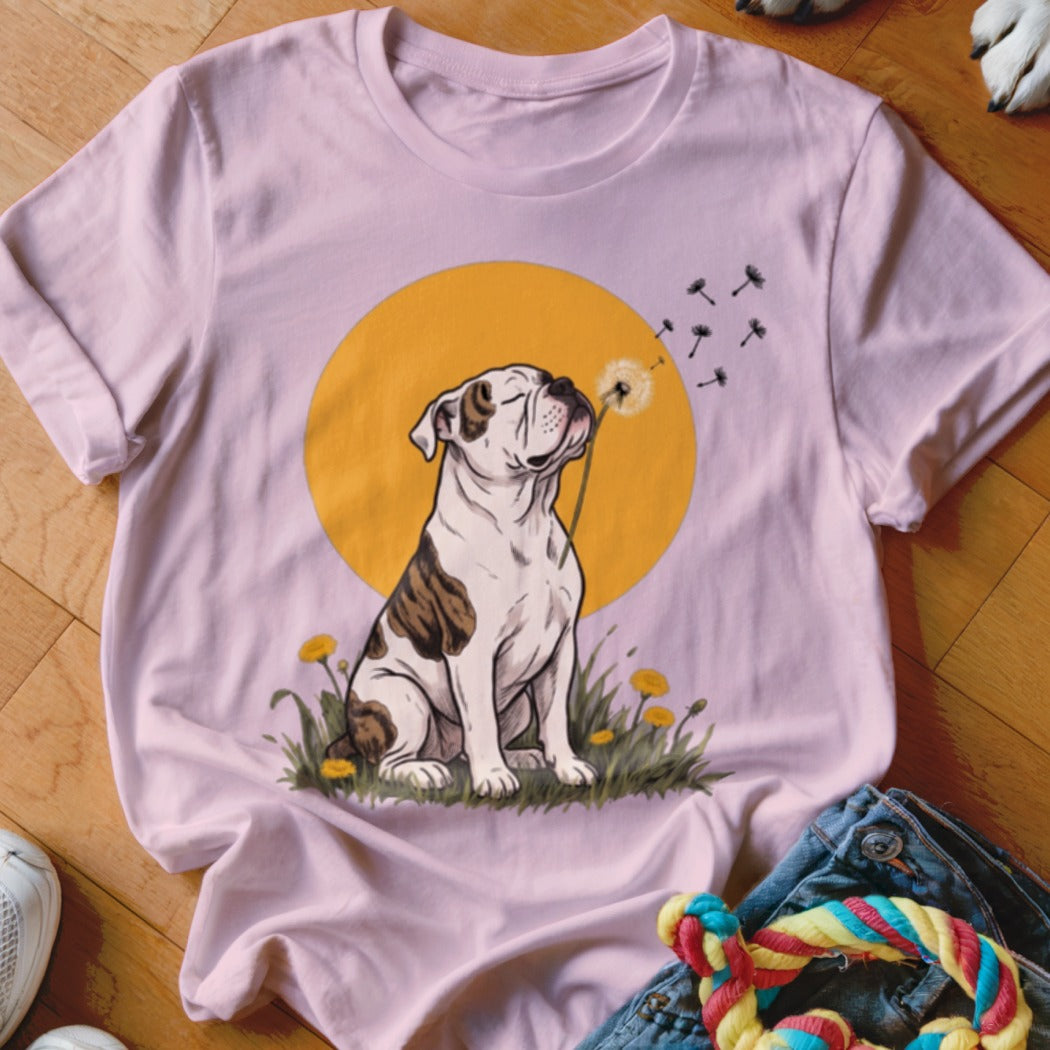 A pink t-shirt features an illustration of a brindle bulldog blowing dandelion seeds against a yellow sun.