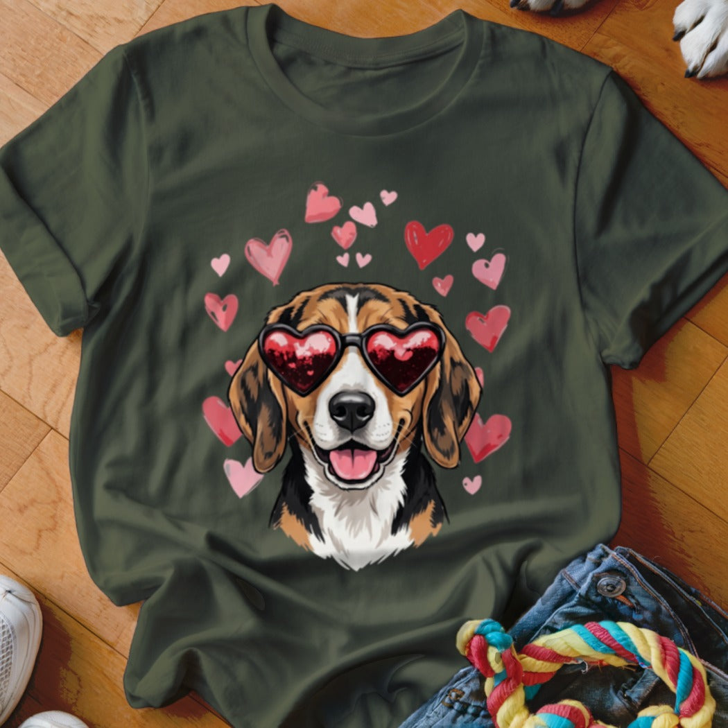 Dark green t-shirt featuring a graphic of a beagle wearing heart-shaped sunglasses surrounded by pink hearts.