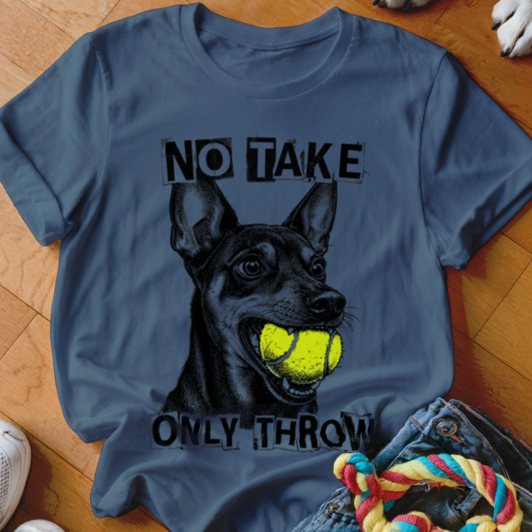 Dark blue t-shirt with graphic of black dog holding tennis ball, "NO TAKE ONLY THROW".