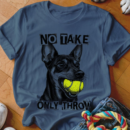 Dark blue t-shirt with graphic of black dog holding tennis ball, "NO TAKE ONLY THROW".
