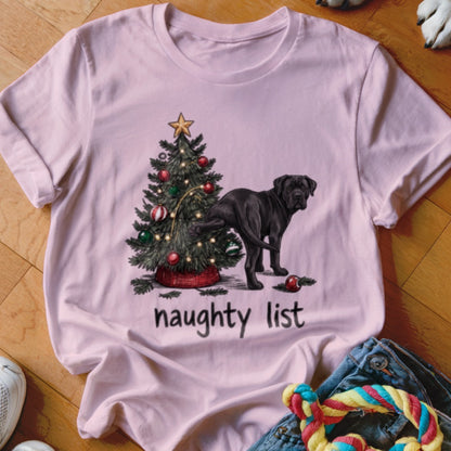 Black dog peeing on Christmas tree with text "naughty list"