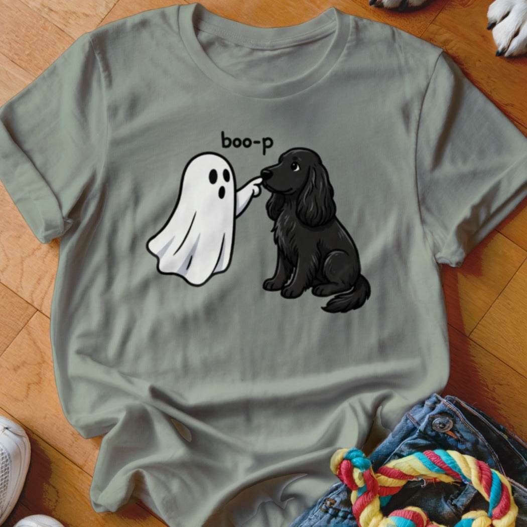 Ghost and black dog with text "boo-p" on a grey t-shirt.