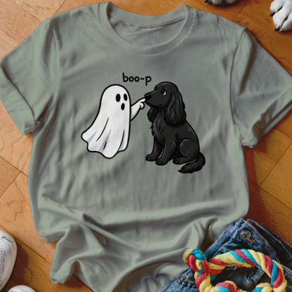 Ghost and black dog with text "boo-p" on a grey t-shirt.