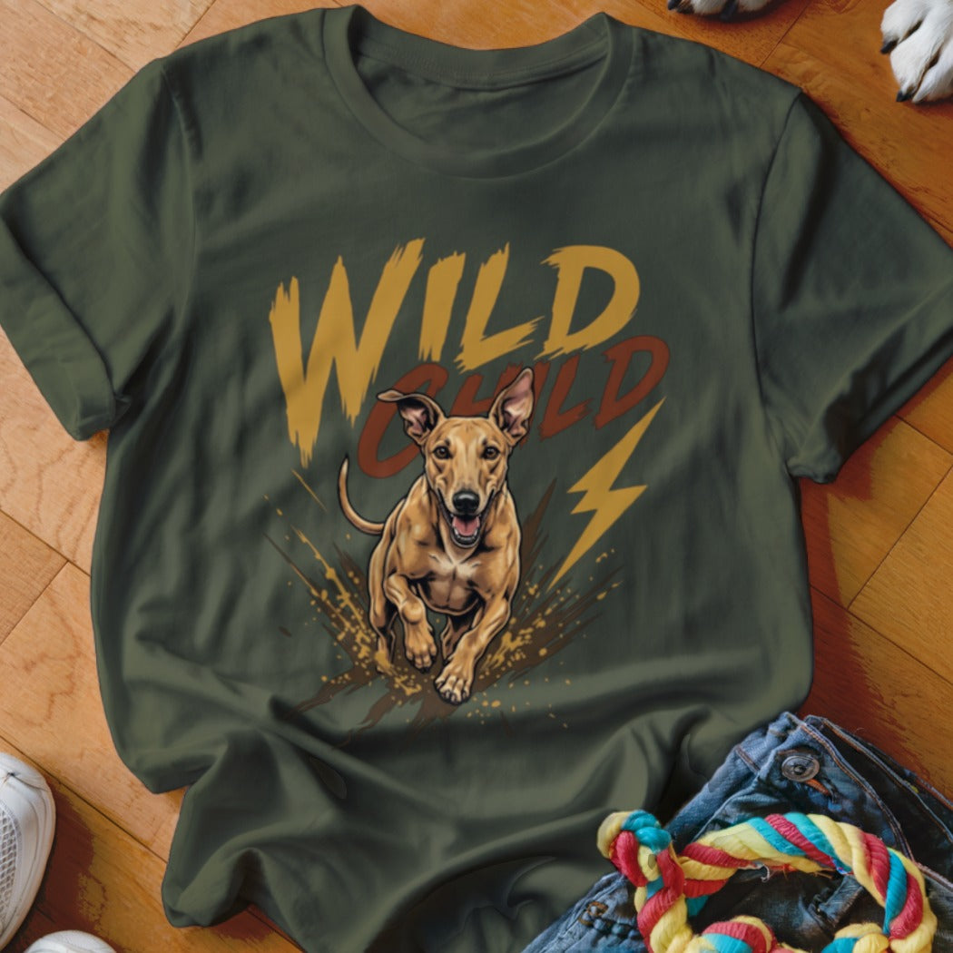Dark green t-shirt with a graphic of a running dog and the text WILD CHILD.