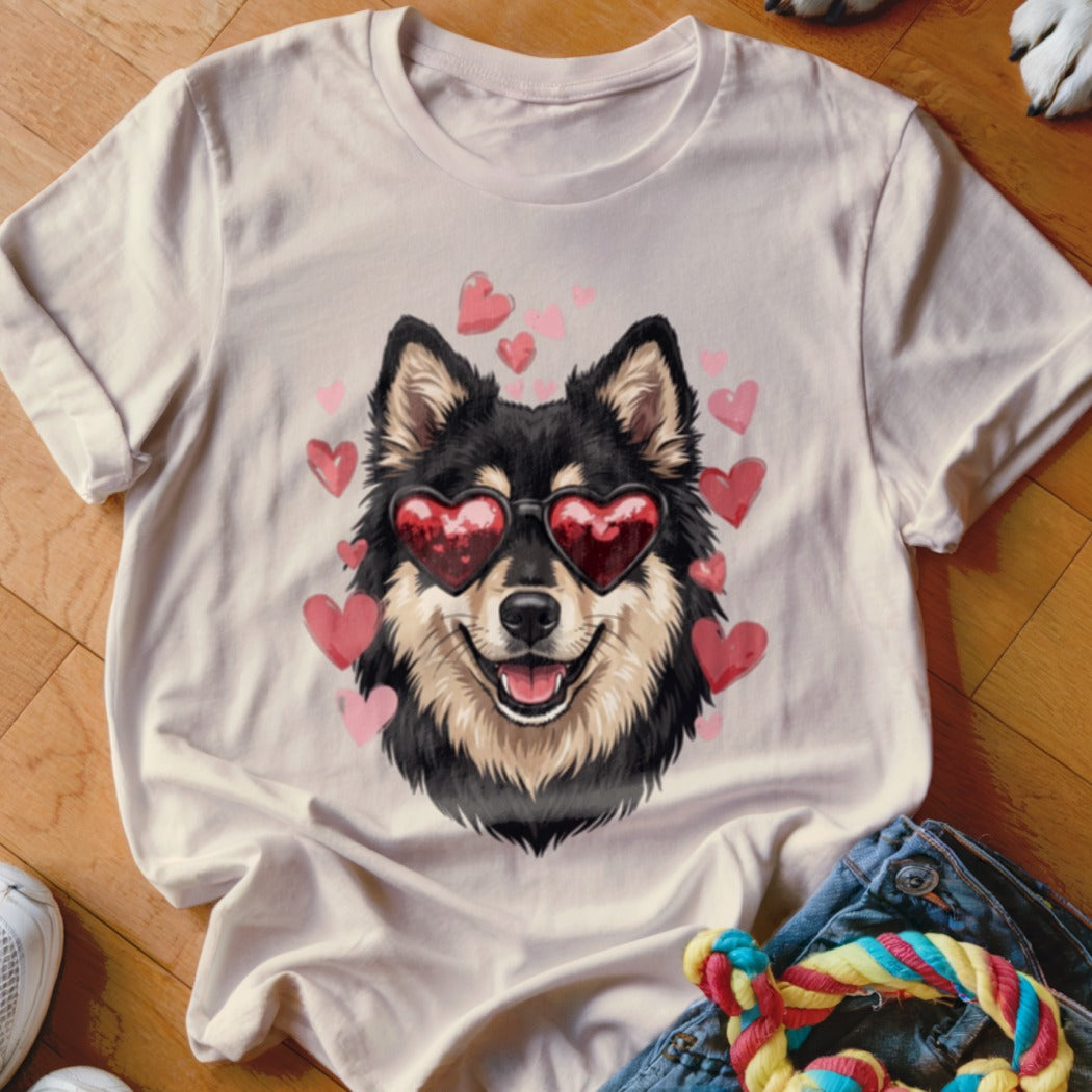 Light-colored t-shirt featuring a graphic of a black and tan dog wearing heart sunglasses.