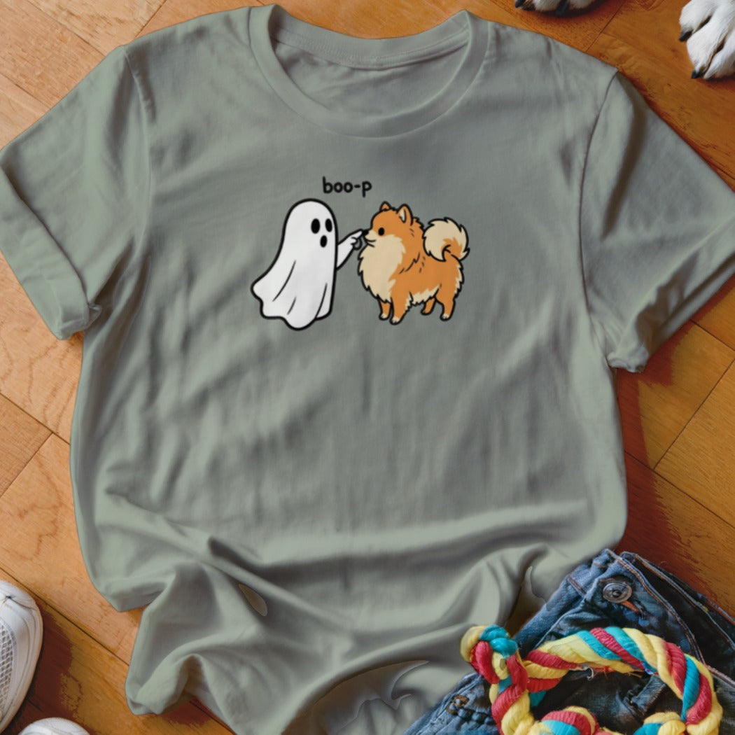 Ghost poking Pomeranian dog with text "boo-p" on grey t-shirt.