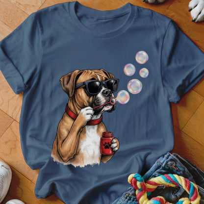 Navy blue t-shirt featuring a graphic of a boxer dog wearing sunglasses and blowing bubbles.