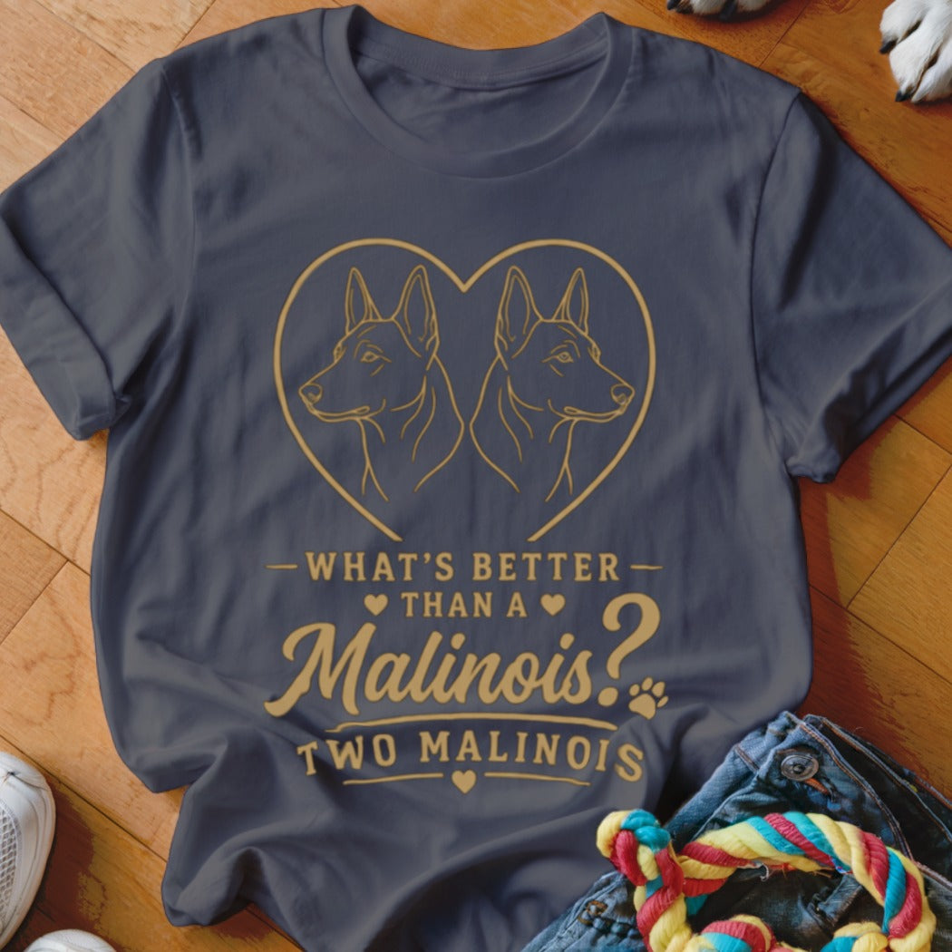 Dark blue t-shirt with gold outline of two Malinois dogs in a heart and text.