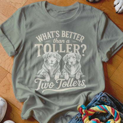 T-shirt with two dogs and text "What's better than a Toller? Two Tollers."