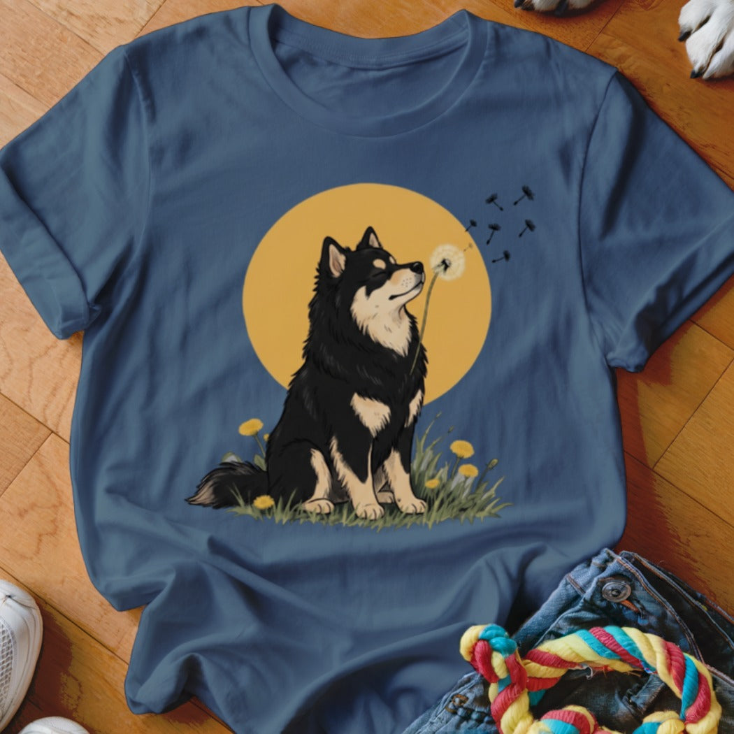 Dark blue crewneck t-shirt featuring a graphic of a black and tan dog blowing dandelion seeds.