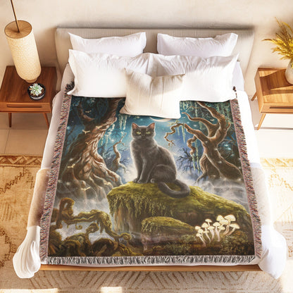 Black Cat in Magical Forest Blanket - The Pawsitive Initiative