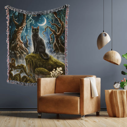 Black Cat in Magical Forest Blanket - The Pawsitive Initiative