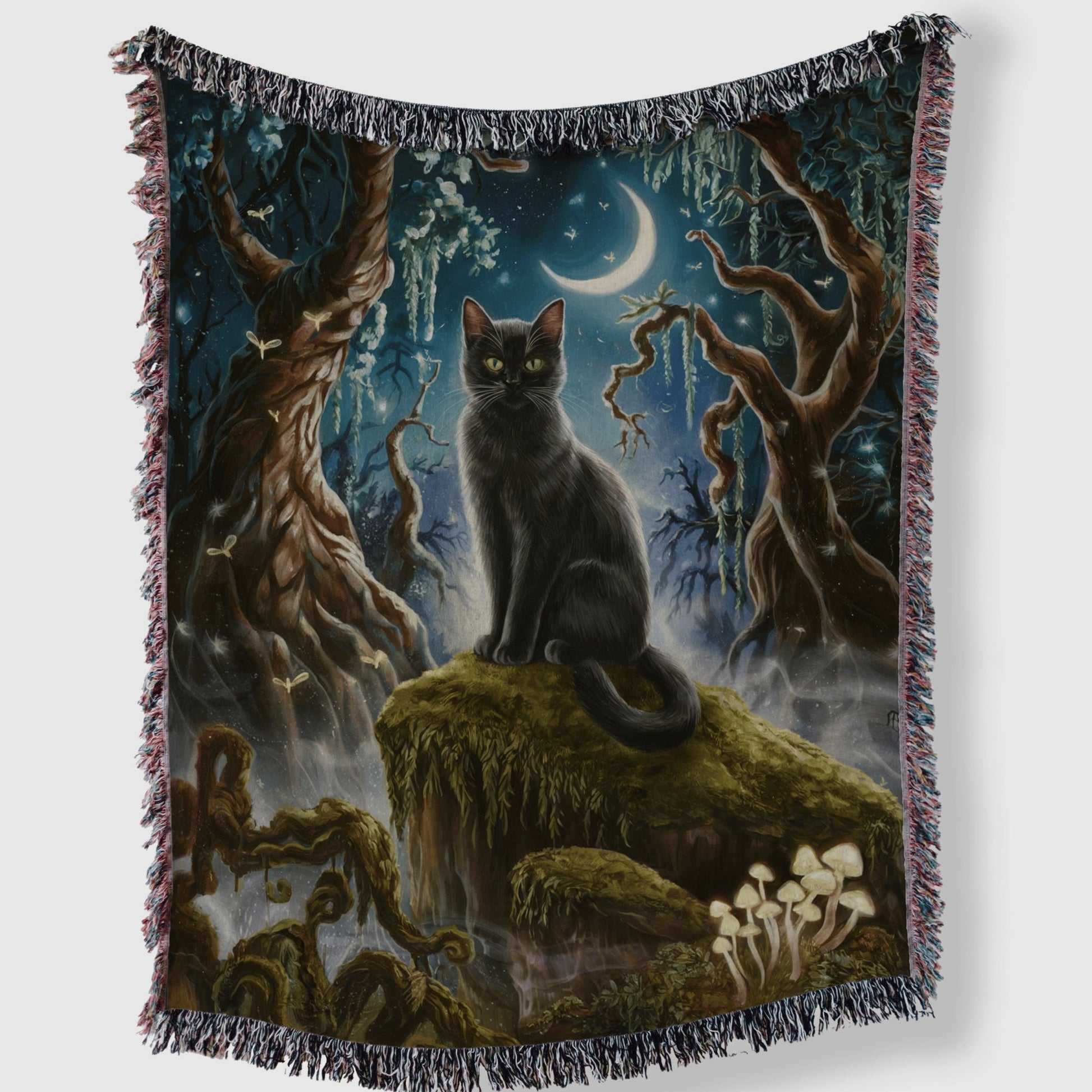 Black Cat in Magical Forest Blanket - The Pawsitive Initiative