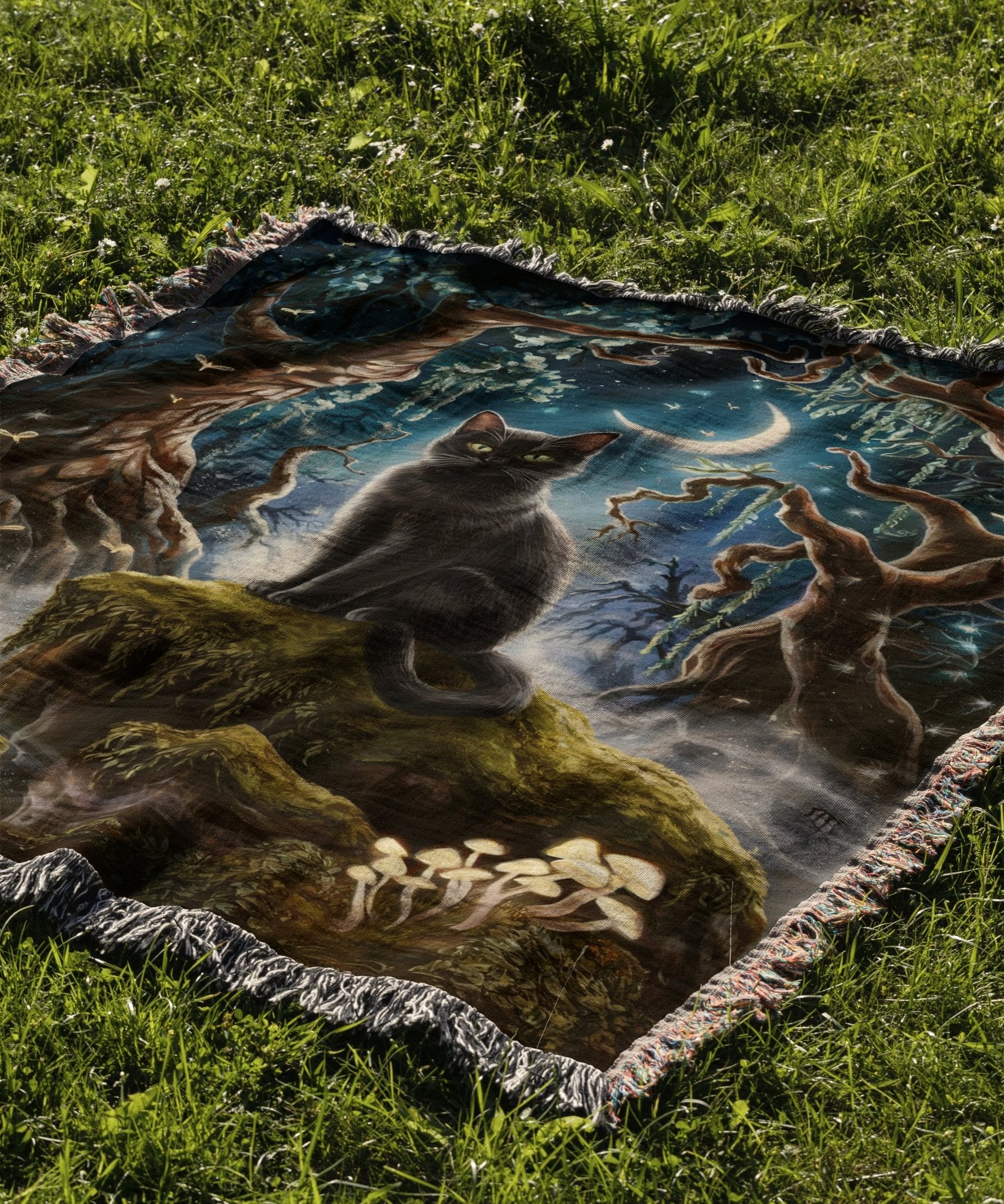 Black Cat in Magical Forest Blanket - The Pawsitive Initiative