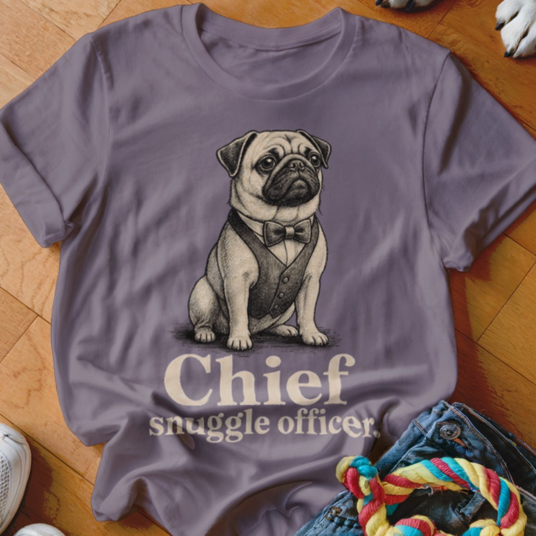 T-shirt with a pug wearing a vest and bow tie, text reads "Chief snuggle officer."