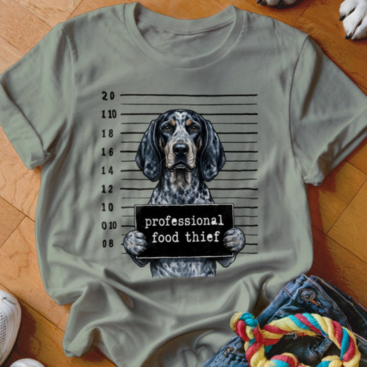 Dog mugshot shirt with text "professional food thief".