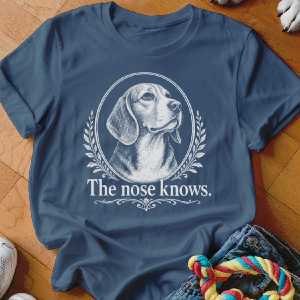 T-shirt with a Beagle portrait in an oval frame and the text "The nose knows."