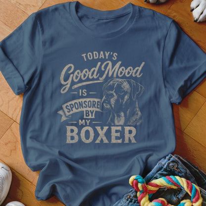 Blue t-shirt with graphic text "Today's Good Mood Is Sponsored By My Boxer" and boxer dog illustration.
