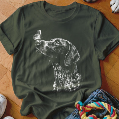 Dark green t-shirt featuring a white graphic of a pointer dog looking at a butterfly on its nose.
