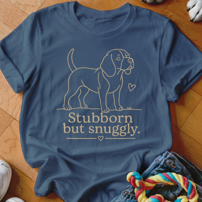 Dark blue t-shirt with a line drawing of a beagle and text "Stubborn but snuggly".