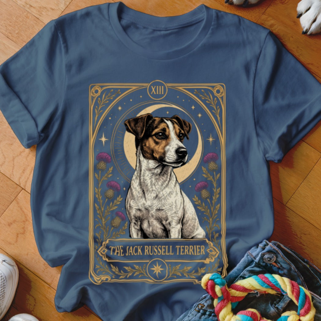A blue t-shirt features a tarot-style graphic of a Jack Russell Terrier framed by thistles and a crescent moon.