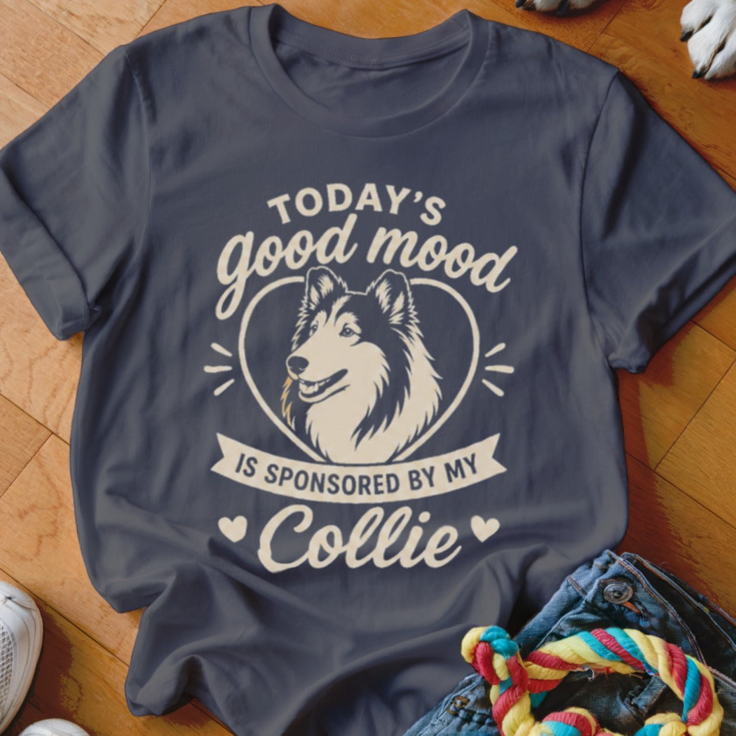 Dark t-shirt with "Today's good mood is sponsored by my Collie" text and dog graphic.