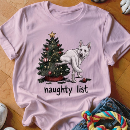 White German Shepherd near Christmas tree, text reads "naughty list".