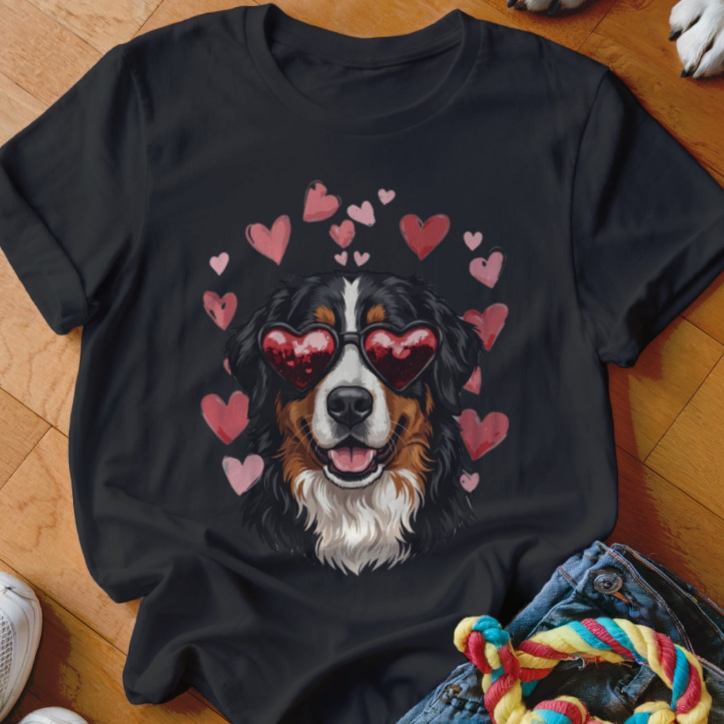 Black t-shirt featuring a graphic of a Bernese Mountain Dog wearing heart-shaped sunglasses surrounded by pink hearts.