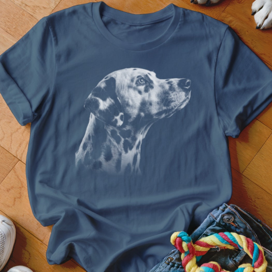 Blue t-shirt featuring a white Dalmatian dog graphic on the chest.