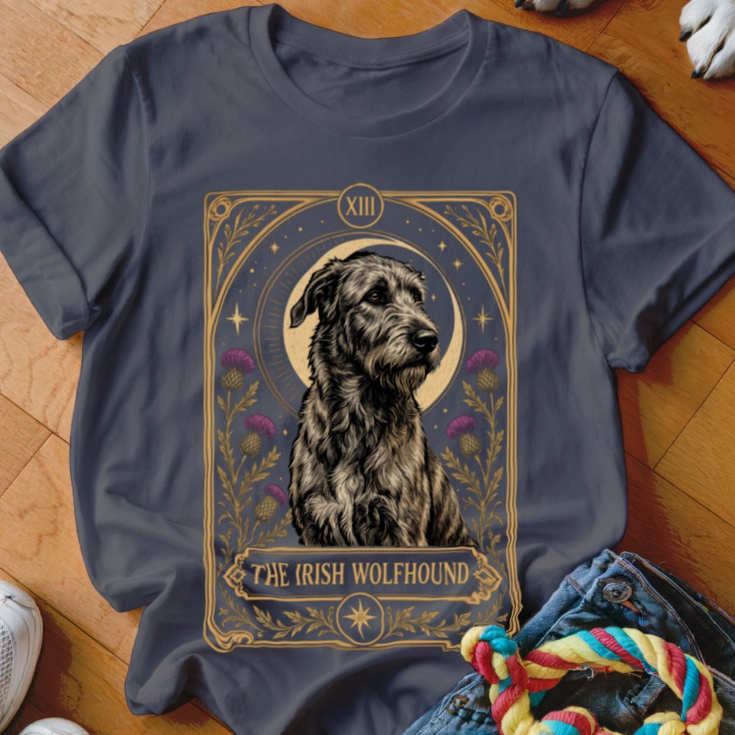 A dark gray t-shirt featuring a tarot card design with an Irish wolfhound illustration.
