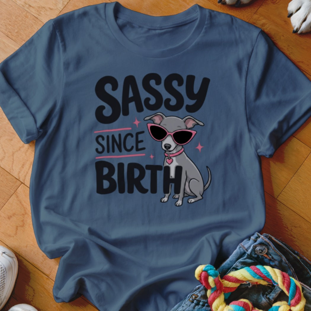 Grey dog wearing pink sunglasses and a heart necklace with "Sassy Since Birth" text.
