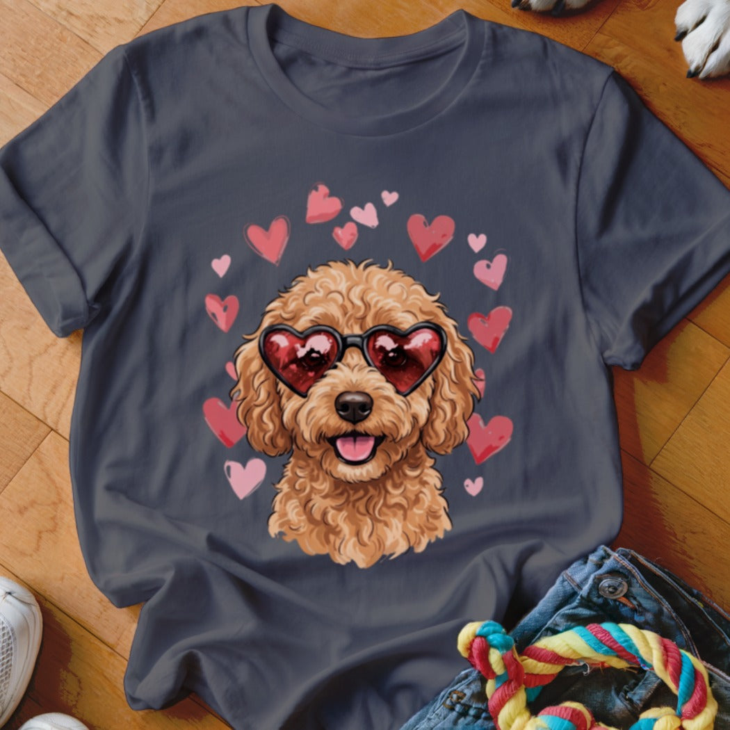 A charcoal t-shirt printed with a fluffy golden poodle wearing red heart-shaped sunglasses surrounded by pink hearts.