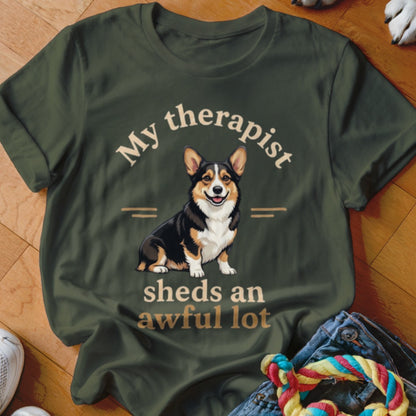T-shirt with corgi and text "My therapist sheds an awful lot".