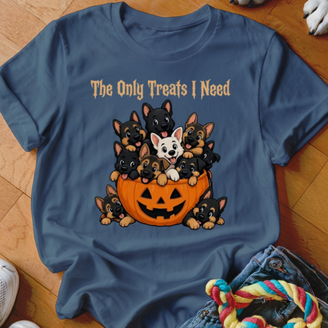 German Shepherd puppies in a pumpkin with text "The Only Treats I Need".