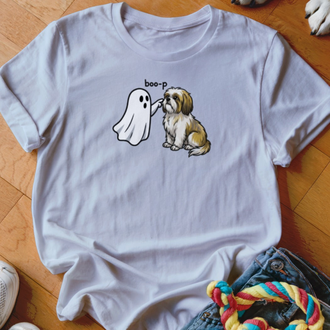 White t-shirt with illustration of a ghost booping a sitting shih tzu dog with text "boo-p".