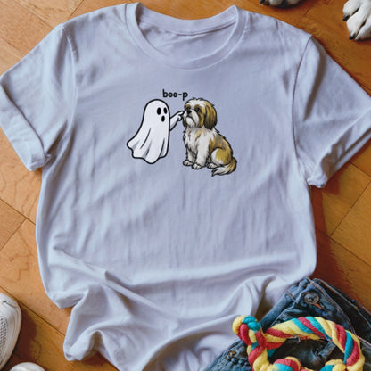 White t-shirt with illustration of a ghost booping a sitting shih tzu dog with text "boo-p".
