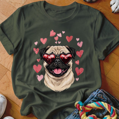 Dark green t-shirt featuring a graphic of a pug wearing heart-shaped sunglasses surrounded by pink hearts.