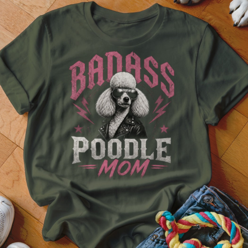 "Badass Poodle Mom" text with a poodle wearing sunglasses and a leather jacket.